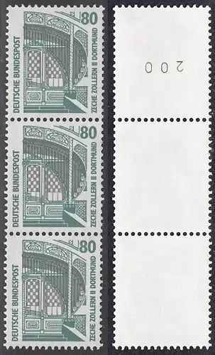 BUND 1987 Michel-Nummer 1342 postfrisch vert.STRIP(3) m/ rücks.Rollennummer 200