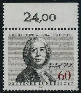 BUND 1987 Michel-Nummer 1343 postfrisch EINZELMARKE RAND oben (c)
