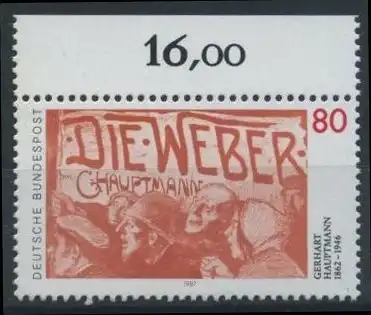 BUND 1987 Michel-Nummer 1344 postfrisch EINZELMARKE RAND oben (a)