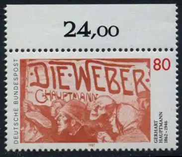 BUND 1987 Michel-Nummer 1344 postfrisch EINZELMARKE RAND oben (b)
