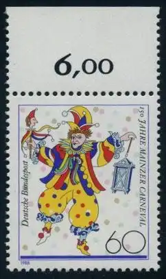 BUND 1988 Michel-Nummer 1349 postfrisch EINZELMARKE RAND oben (a)