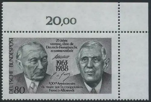 BUND 1988 Michel-Nummer 1351 postfrisch EINZELMARKE ECKRAND oben rechts (b)