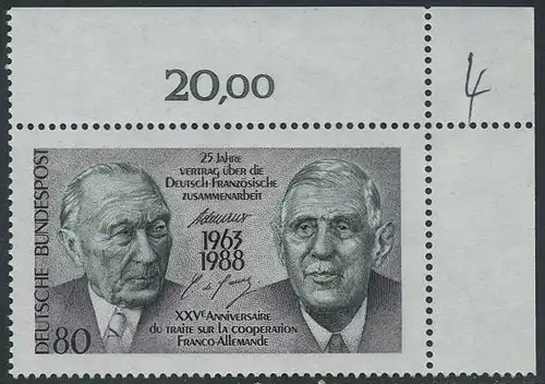 BUND 1988 Michel-Nummer 1351 postfrisch EINZELMARKE ECKRAND oben rechts (a)