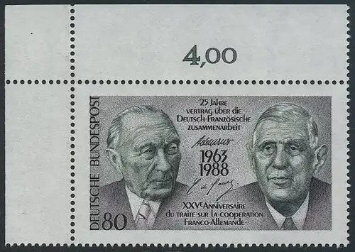 BUND 1988 Michel-Nummer 1351 postfrisch EINZELMARKE ECKRAND oben links