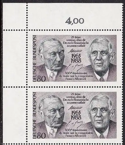 BUND 1988 Michel-Nummer 1351 postfrisch vert.PAAR ECKRAND oben links