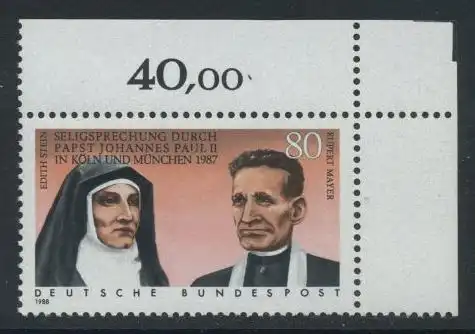 BUND 1988 Michel-Nummer 1352 postfrisch EINZELMARKE ECKRAND oben rechts