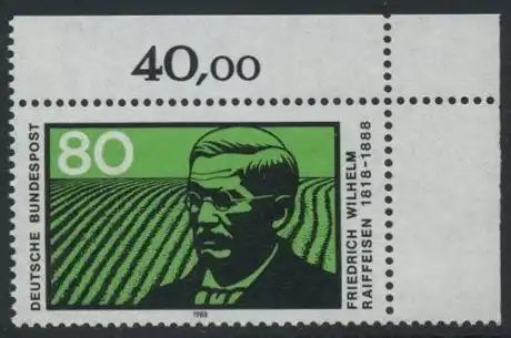 BUND 1988 Michel-Nummer 1358 postfrisch EINZELMARKE ECKRAND oben rechts
