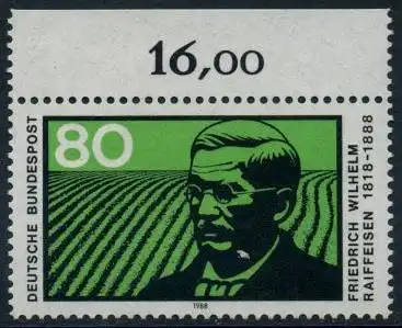 BUND 1988 Michel-Nummer 1358 postfrisch EINZELMARKE RAND oben (a)