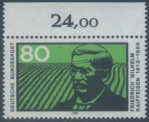 BUND 1988 Michel-Nummer 1358 postfrisch EINZELMARKE RAND oben (b)