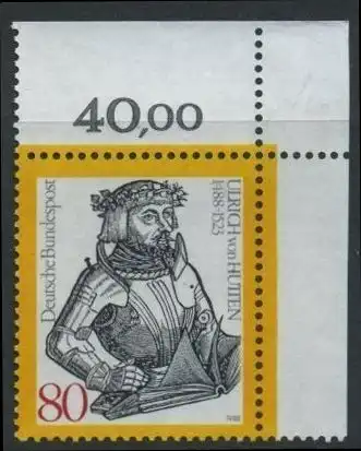 BUND 1988 Michel-Nummer 1364 postfrisch EINZELMARKE ECKRAND oben rechts