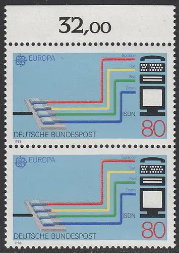 BUND 1988 Michel-Nummer 1368 postfrisch vert.PAAR RAND oben (b)