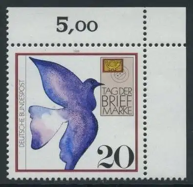 BUND 1988 Michel-Nummer 1388 postfrisch EINZELMARKE ECKRAND oben rechts (a)