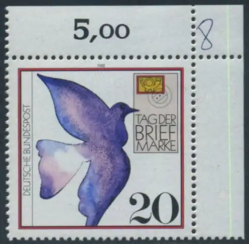 BUND 1988 Michel-Nummer 1388 postfrisch EINZELMARKE ECKRAND oben rechts (b)