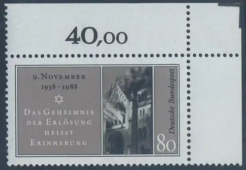 BUND 1988 Michel-Nummer 1389 postfrisch EINZELMARKE ECKRAND oben rechts