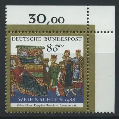 BUND 1988 Michel-Nummer 1396 postfrisch EINZELMARKE ECKRAND oben rechts