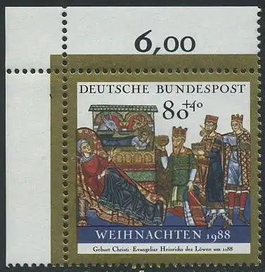 BUND 1988 Michel-Nummer 1396 postfrisch EINZELMARKE ECKRAND oben links