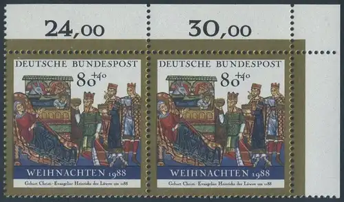 BUND 1988 Michel-Nummer 1396 postfrisch horiz.PAAR ECKRAND oben rechts