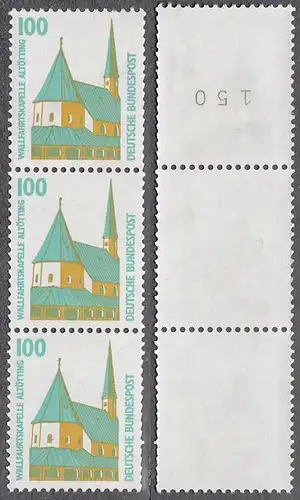 BUND 1989 Michel-Nummer 1406 postfrisch vert.STRIP(3) m/ rücks.Rollennummer 150