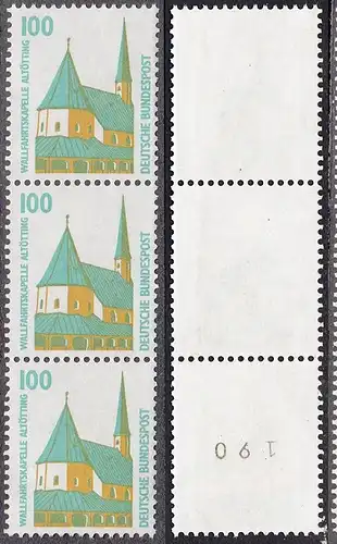 BUND 1989 Michel-Nummer 1406 postfrisch vert.STRIP(3) m/ rücks.Rollennummer 190