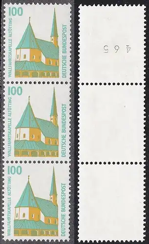 BUND 1989 Michel-Nummer 1406 postfrisch vert.STRIP(3) m/ rücks.Rollennummer 465