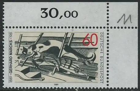 BUND 1989 Michel-Nummer 1410 postfrisch EINZELMARKE ECKRAND oben rechts