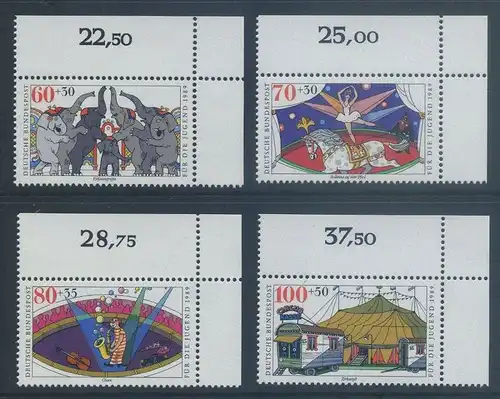 BUND 1989 Michel-Nummer 1411-1414 postfrisch SATZ(4) EINZELMARKEN ECKRÄNDER oben rechts