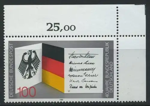 BUND 1989 Michel-Nummer 1421 postfrisch EINZELMARKE ECKRAND oben rechts