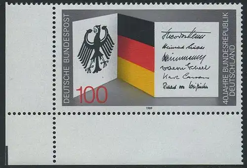 BUND 1989 Michel-Nummer 1421 postfrisch EINZELMARKE ECKRAND unten links