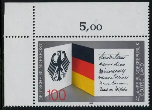 BUND 1989 Michel-Nummer 1421 postfrisch EINZELMARKE ECKRAND oben links
