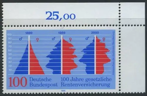 BUND 1989 Michel-Nummer 1426 postfrisch EINZELMARKE ECKRAND oben rechts