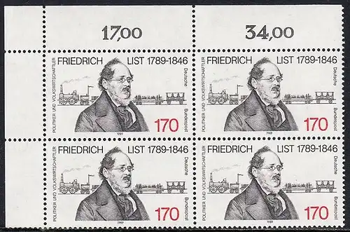 BUND 1989 Michel-Nummer 1429 postfrisch BLOCK ECKRAND oben links