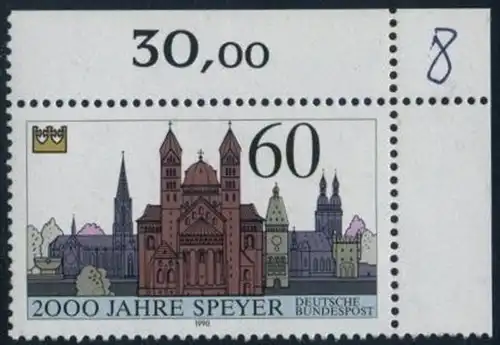 BUND 1990 Michel-Nummer 1444 postfrisch EINZELMARKE ECKRAND oben rechts