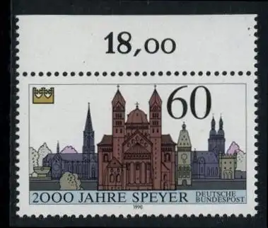 BUND 1990 Michel-Nummer 1444 postfrisch EINZELMARKE RAND oben (a)