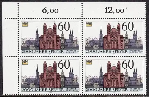 BUND 1990 Michel-Nummer 1444 postfrisch BLOCK ECKRAND oben links