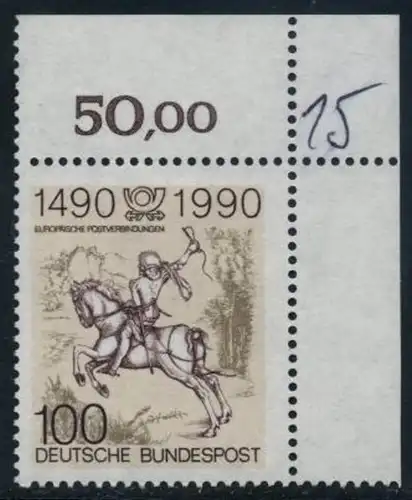 BUND 1990 Michel-Nummer 1445 postfrisch EINZELMARKE ECKRAND oben rechts (a)