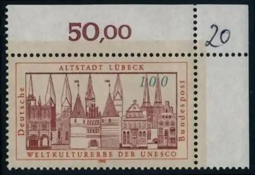 BUND 1990 Michel-Nummer 1447 postfrisch EINZELMARKE ECKRAND oben rechts