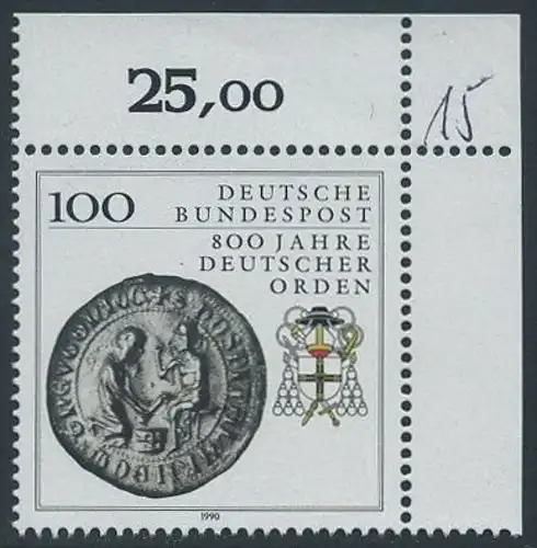 BUND 1990 Michel-Nummer 1451 postfrisch EINZELMARKE ECKRAND oben rechts (a)