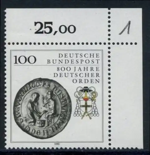 BUND 1990 Michel-Nummer 1451 postfrisch EINZELMARKE ECKRAND oben rechts (c)