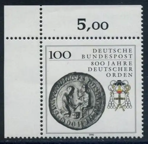 BUND 1990 Michel-Nummer 1451 postfrisch EINZELMARKE ECKRAND oben links