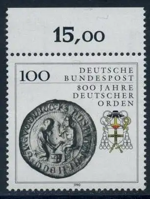 BUND 1990 Michel-Nummer 1451 postfrisch EINZELMARKE RAND oben