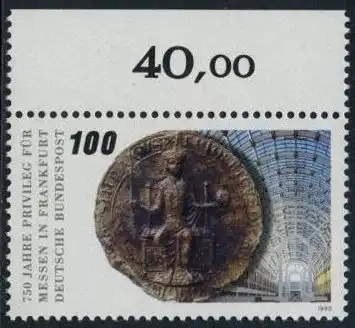 BUND 1990 Michel-Nummer 1452 postfrisch EINZELMARKE RAND oben (c)