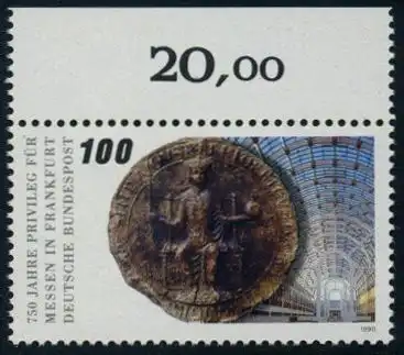 BUND 1990 Michel-Nummer 1452 postfrisch EINZELMARKE RAND oben (a)