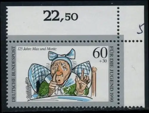 BUND 1990 Michel-Nummer 1455 postfrisch EINZELMARKE ECKRAND oben rechts