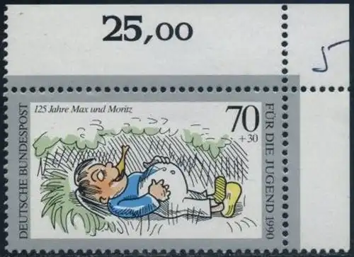 BUND 1990 Michel-Nummer 1456 postfrisch EINZELMARKE ECKRAND oben rechts (a)