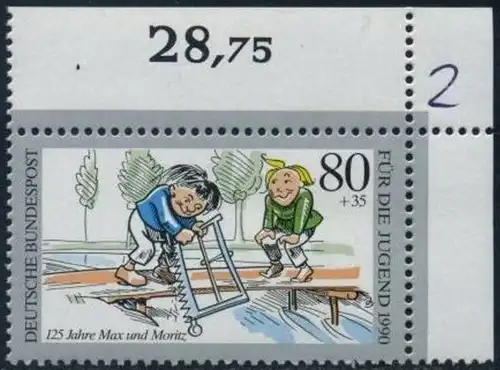 BUND 1990 Michel-Nummer 1457 postfrisch EINZELMARKE ECKRAND oben rechts