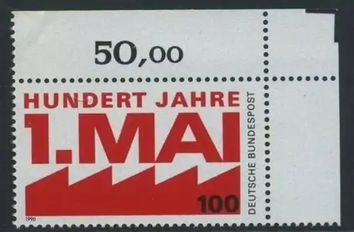 BUND 1990 Michel-Nummer 1459 postfrisch EINZELMARKE ECKRAND oben rechts