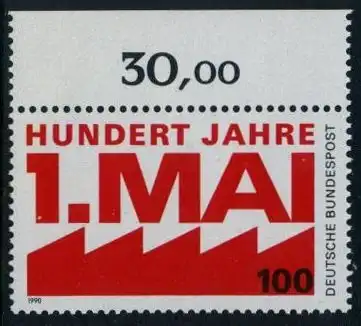 BUND 1990 Michel-Nummer 1459 postfrisch EINZELMARKE RAND oben (b)