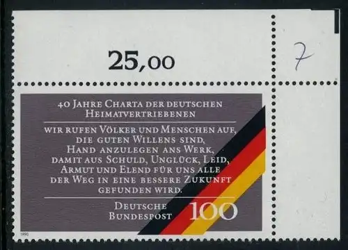 BUND 1990 Michel-Nummer 1470 postfrisch EINZELMARKE ECKRAND oben rechts (b)