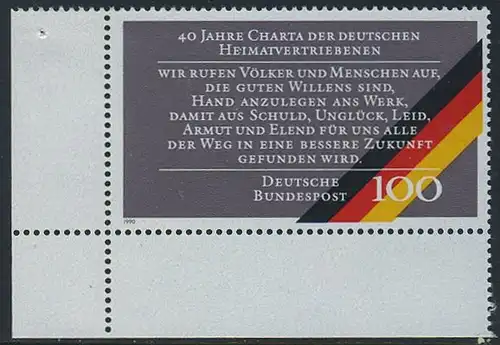 BUND 1990 Michel-Nummer 1470 postfrisch EINZELMARKE ECKRAND unten links