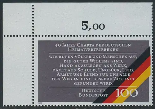 BUND 1990 Michel-Nummer 1470 postfrisch EINZELMARKE ECKRAND oben links